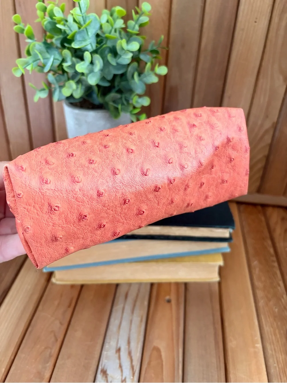Vintage styled Ostrich Textured Kiss Lock Mini Clutch in Coral, Vegan Leather